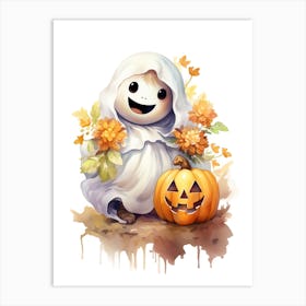 Cute Ghost With Pumpkins Halloween Watercolour 102 Art Print