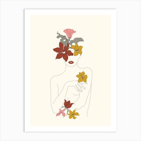 Colorful Thoughts Minimal Line Art Woman With Flowers IV Art Print