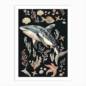 Angel Shark Seascape Black Background Illustration 3 Art Print