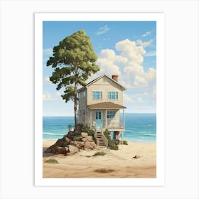 Little Beach House And Tree Draw Art Print 2 Art Print