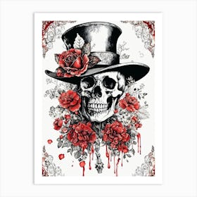 Floral Skeleton With Hat Ink Painting (75) Art Print