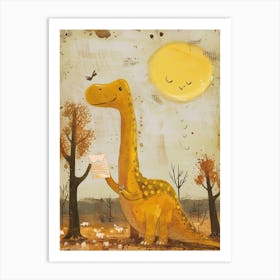 Cute Dinosaur Reading A Letter Mustard Art Print