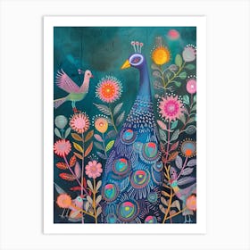 Peacock In The Flowers With A Bird Flying Art Print