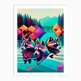 Three Raccoons Swimming In Lake Modern Geometric Art Print