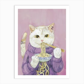 Cute White Cat Pasta Lover Folk Illustration 1 Art Print