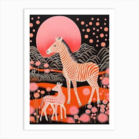 Zebra In The Wild With Other Animals Black & Red Art Print