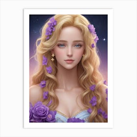 Beautiful Girl With Purple Flowers Art Print