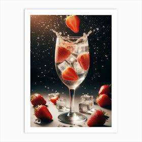 Water Splashing Strawberries Art Print