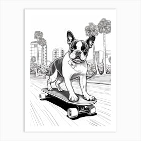 Boston Terrier Dog Skateboarding Line Art 1 Art Print