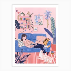 Girl In The Sofa With Pets Tv Lo Fi Kawaii Illustration 1 Art Print