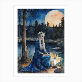 Blue Lotus Elven Lady ~ Praying Meditating Yoga Full Moon Sacred Space Witchy Pagan Elf Watercolor Painting Art Print