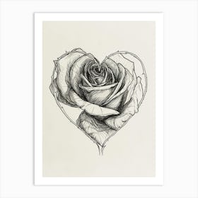 English Rose In A Heart Line Drawing 3 Art Print