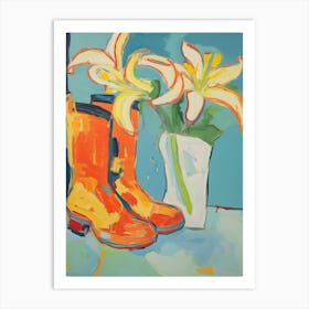 Painting Of Yellow Flowers And Cowboy Boots, Oil Style 11 Art Print