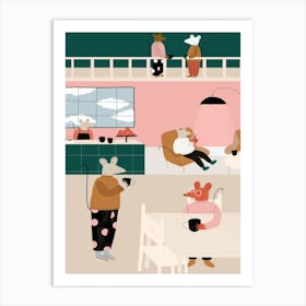 Illustration Of Mice In A Coffeeshop Art Print