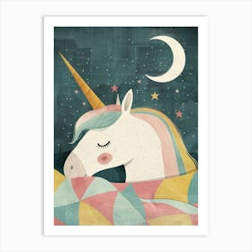 Pastel Storybook Style Unicorn Sleeping In A Duvet With The Moon 4 Art Print