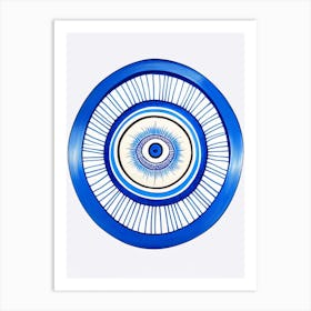 Dharma Wheel, Symbol, Third Eye Blue & White 7 Art Print