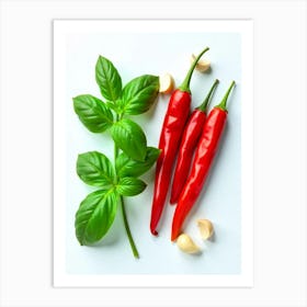 Red Chili Peppers And Basil Art Print