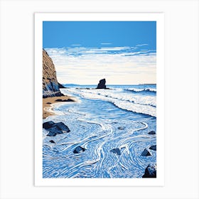 Linocut Of Barafundle Bay Beach Pembrokeshire Wales 1 Art Print