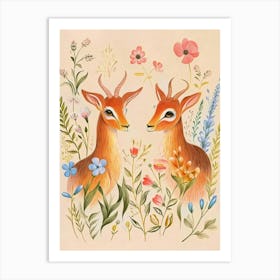 Folksy Floral Animal Drawing Antelope Art Print