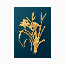Vintage Orange Day Lily Botanical in Gold on Teal Blue n.0266 Art Print