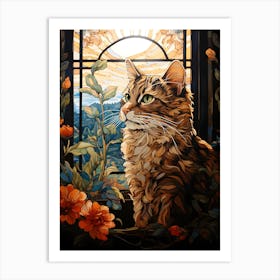 Contemporary Floral Cat On Windowsill 4 Art Print