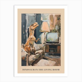 Dinosaur In The Living Room With A Tv Poster Art Print