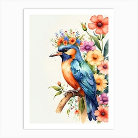 Watercolor Bird With Flowers Art Print