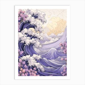 Great Wave With Lavender Flower Drawing In The Style Of Ukiyo E 1 Art Print