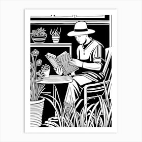 Lino cut Inspired black and white Reading In the Garden Art, Garden Girl Art, Gardening reading, 235 Art Print