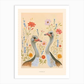 Folksy Floral Animal Drawing Ostrich 2 Poster Art Print