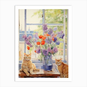 Cat With Gladiolus Flowers Watercolor Mothers Day Valentines 3 Art Print
