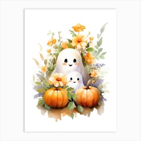 Cute Ghost With Pumpkins Halloween Watercolour 113 Art Print