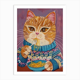 Brown White Cat Eating Pasta Folk Illustration 1 Art Print