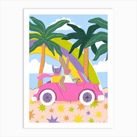 Pink Car Rainbow Palm Trees Art Print