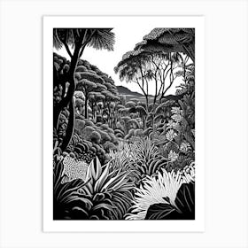 Kirstenbosch Botanical Gardens, 1, South Africa Linocut Black And White Vintage Art Print