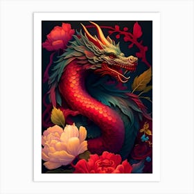 Dragon And Flowers Art Print