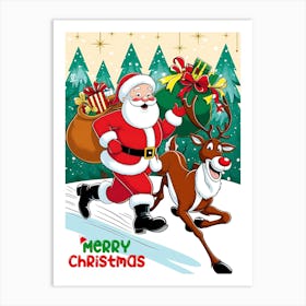 Santa Claus And Reindeer fun Art Print