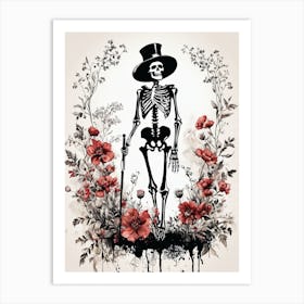 Floral Skeleton With Hat Ink Painting (24) Art Print