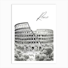 Rome Colosseum, Black And White Illustration Art Print