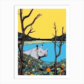 Simple Rhino Illustration By The River 2 Art Print