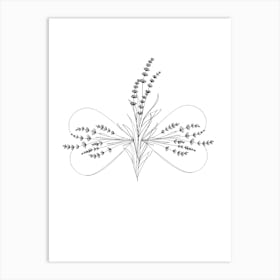 Flower Line Art,Lavender flower, butterfly, heart ,minimalist Art Print
