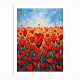 Red Heart Tulip Flowers Field Valentine Oil Painting Art Print