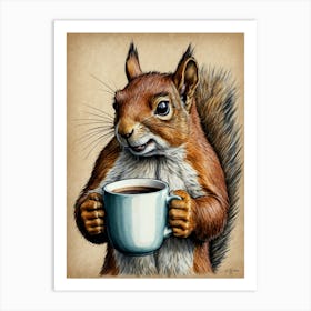 Squirrel Drinking Coffee Art Print