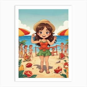 Cartoon Girl On The Beach Art Print