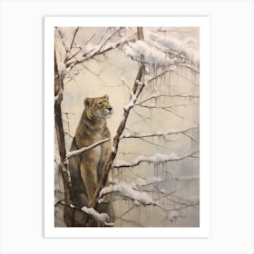 Vintage Winter Animal Painting Mountain Lion 2 Art Print
