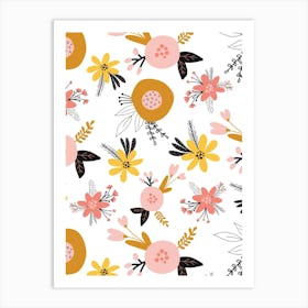 Abstract Scandinavian Floral Yellow, Pink, Black, White Art Print