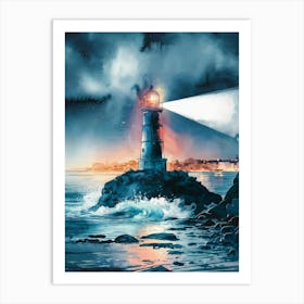 Lighthouse At Night, Anime Art Lofi 1 Art Print