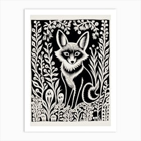 Fox In The Forest Linocut White Illustration 16 Art Print