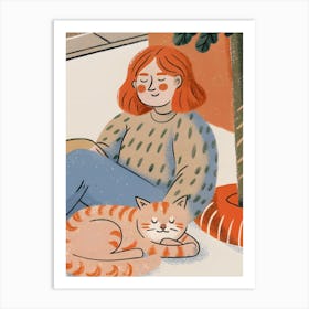 Woman and Cat Sitting Chilling in The Floor Art Print