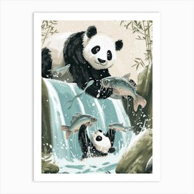 Giant Panda Catching Fish In A Waterfall Storybook Illustration 4 Art Print